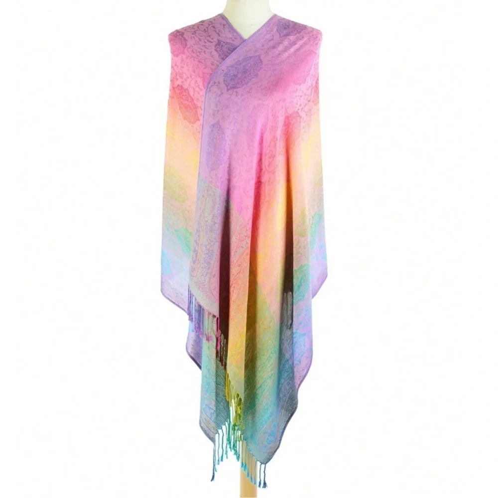 Luxe Colorful Paisley Print Tassel Shawl Blanket Scarf - Picture 2 of 5